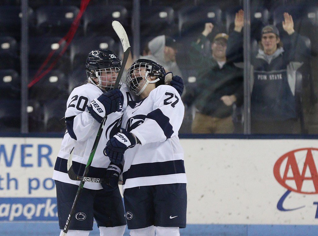 KyleCannillo's tweet photo. THEY DID IT! THEY DID IT! PENN STATEMENT! 

@PennStateWHKY defeats Robert Morris for a LANDMARK program win! 

A win again tomorrow and the Nittany Lions will likely be ranked for the first time in program history!!! #RankPennState @USCHO. https://t.co/xnSt30FviO