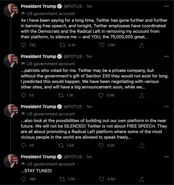 Citynews Toronto Update Trump Did Manage To Momentarily Skirt His Twitter Ban By Tweeting From The Potus Account But Those Tweets Have Since Been Deleted T Co Ruxd4pwp2c