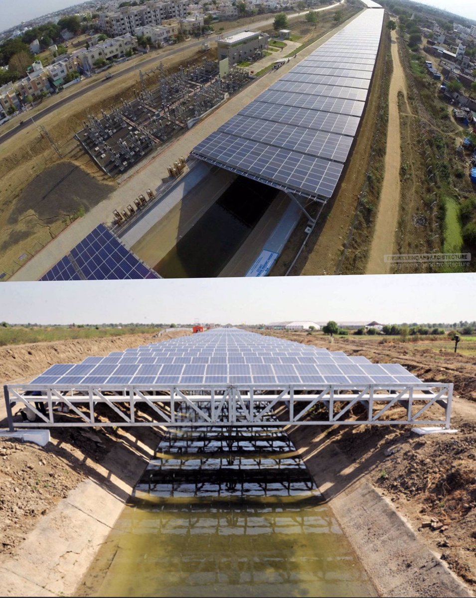 Solar panels on canals in India. Doesn’t take extra land, prevents evaporative loss and keeps the solar panels cool.  @reddit