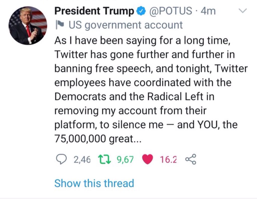 ChanelRion's tweet photo. #HAPPENINGNOW: President Trump after being permanently banned from twitter started tweeting from his official @POTUS account.

Criticizes Big Tech and promises big announcement and possible launch of new platform altogether.

@OANN https://t.co/05EYvbA64Q