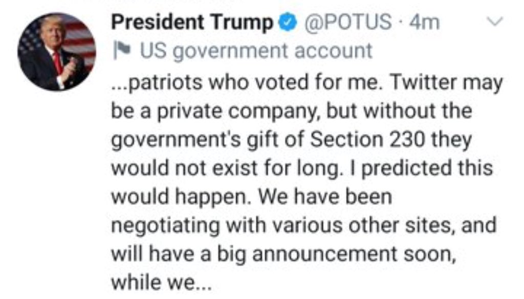 ChanelRion's tweet photo. #HAPPENINGNOW: President Trump after being permanently banned from twitter started tweeting from his official @POTUS account.

Criticizes Big Tech and promises big announcement and possible launch of new platform altogether.

@OANN https://t.co/05EYvbA64Q