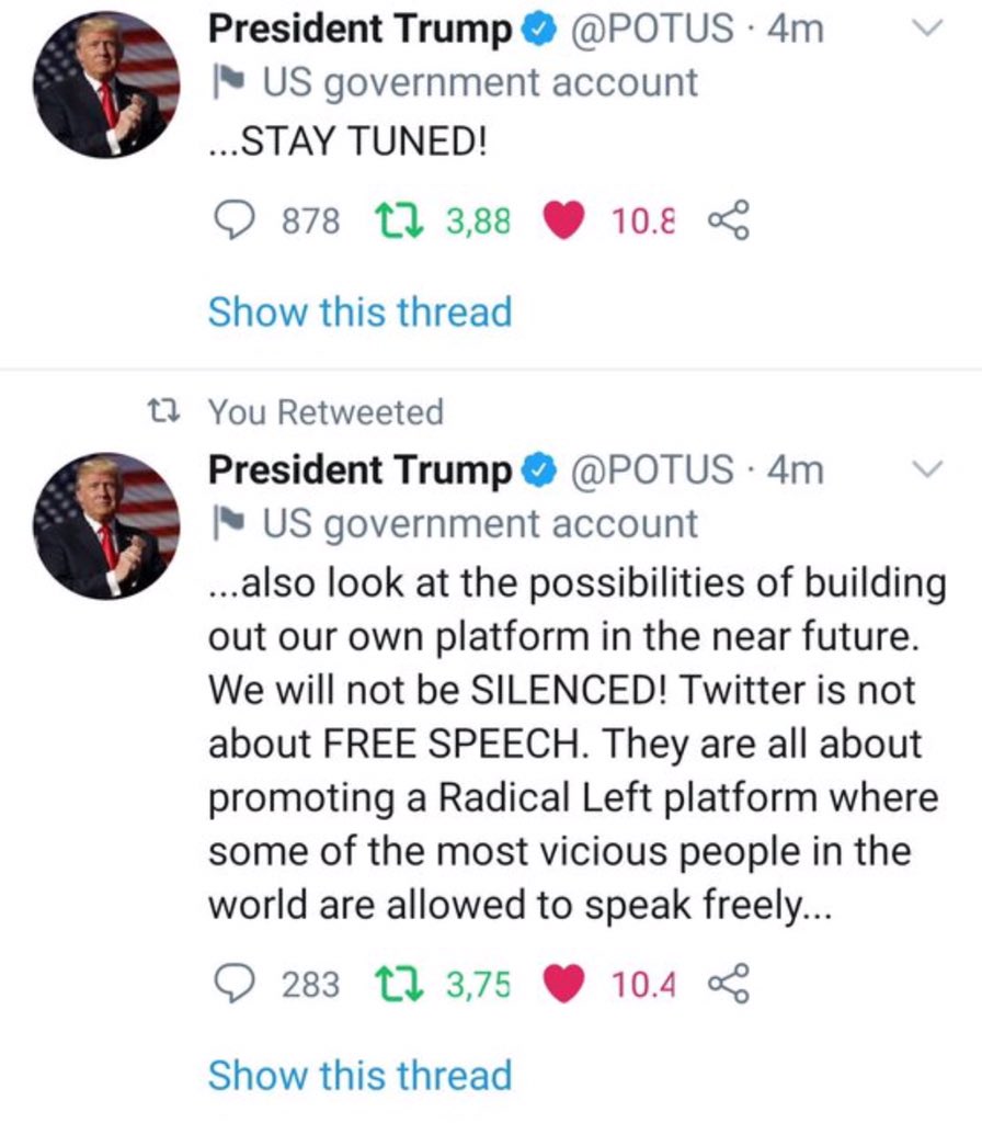 ChanelRion's tweet photo. #HAPPENINGNOW: President Trump after being permanently banned from twitter started tweeting from his official @POTUS account.

Criticizes Big Tech and promises big announcement and possible launch of new platform altogether.

@OANN https://t.co/05EYvbA64Q