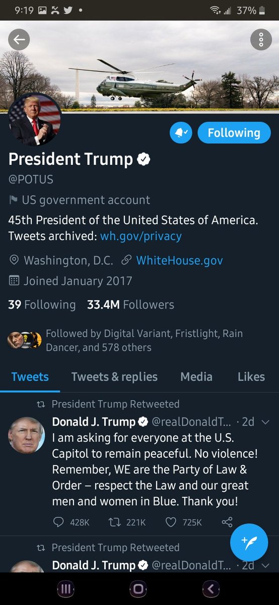 Salt492's tweet image. Ok.. this doesn't make sense.. this is my original account and when I go to POTUS's page, it shows his tweets.. the other screenshot is from my new account.. when i look him up, his tweets are not there! ?????