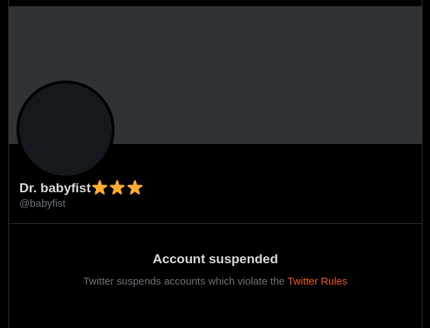 ABCU_8's tweet photo. Our friend and one of the #ABCU team @babyfist was suspended today.
Hopefully he will be back. https://t.co/SDOJitMoPl