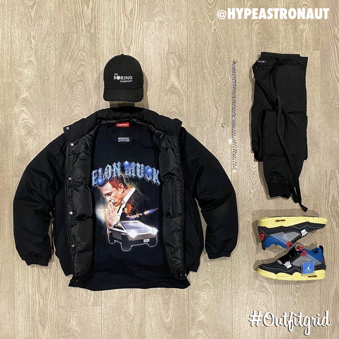 outfitgrid's tweet photo. Today's top #outfitgrid is by @hypeastronaut.
▫️ #TheBoringCompany #Hat
▫️ #OfficialBootleg #ElonMusk #Tee
▫️ #FearOfGod #Pants
▫️ #Union x #JordanIV
▫️ #IceVersa & #MapleCo #Jewelry https://t.co/8xSBfNnBcX