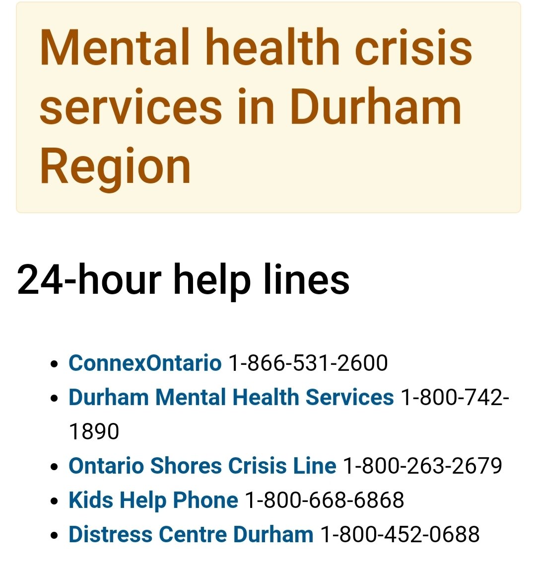 Over the past hour officers have responded to numerous Mental Health and Suicide attempt calls.

<a href="/RegionofDurham/">Region of Durham</a> has resources and 24 hour crisis services available

If you or someone you know needs assistance please contact the numbers below 

#drps_tweets