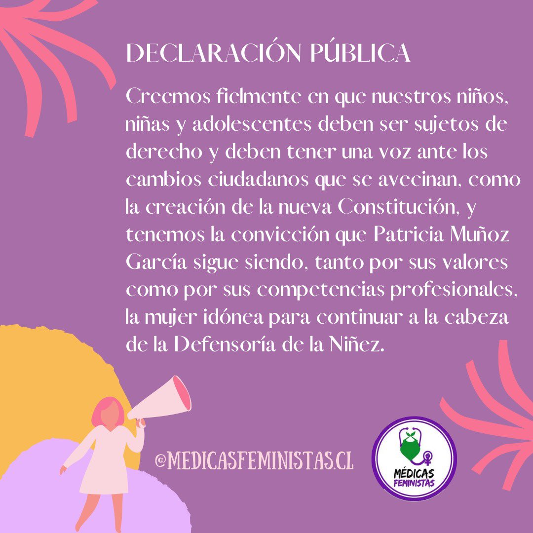 MedicasFem's tweet photo. #declaracionpublica en apoyo a Patricia Muñoz @Pa__tty directora de @defensorianinez, a raíz de requerimiento de remoción presentado por @ChileVamosCL #medicasfeministas #losniñosprimero https://t.co/IHnDgjSvFw