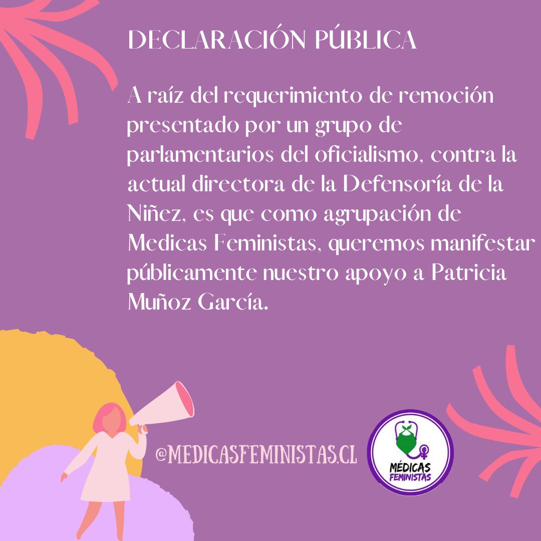 MedicasFem's tweet photo. #declaracionpublica en apoyo a Patricia Muñoz @Pa__tty directora de @defensorianinez, a raíz de requerimiento de remoción presentado por @ChileVamosCL #medicasfeministas #losniñosprimero https://t.co/IHnDgjSvFw