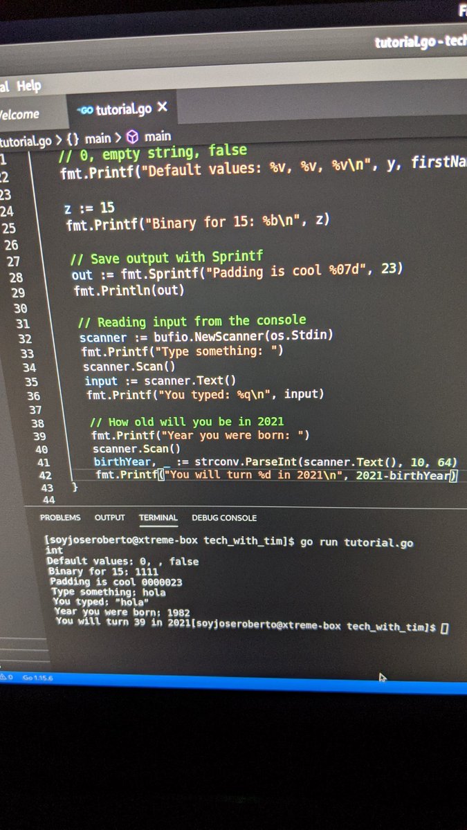 Day 8 of #100DaysOfCode in @GolangGo Following Tech with Tim on youtube. Reading from the console and some fmt verbs #gopherbaby #gopher #golang