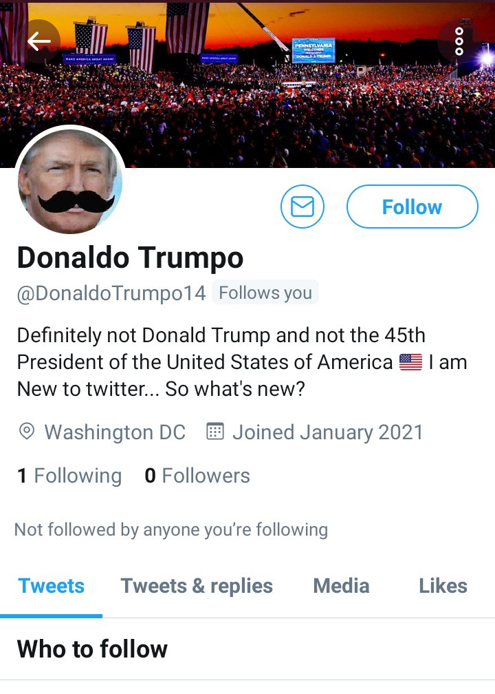 MaloCeeSeeLe's tweet photo. Oh look who's back... I mean look who's new to @Twitter 😂🤣😂 #trump #TrumpBanned #notdonaldtrump #DonaldoTrumpo #DonaldTrump #Trumpsuspended #TrumpisaTraitor #TrumpIsGone #TrumpIsANationalSecurityThreat
#TrumpIsANationalDisgrace
https://t.co/3VaOPkV4RY https://t.co/pcWuegrt50