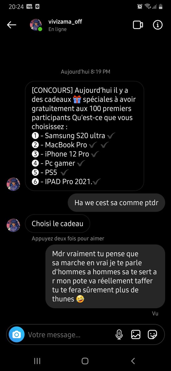 OncleJe's tweet photo. @thevivizama Salut mec je Tai envoyé un messages similaires en te disant qu'il y a un comte fake de tou sur insta qui fait gagner des iphone je suis pas dupe mais d'autres le sont peut-être et peuvent tomber dans le panneau et sa aura des répercussions sur toi ✌😁 https://t.co/DTUAjsYbWF