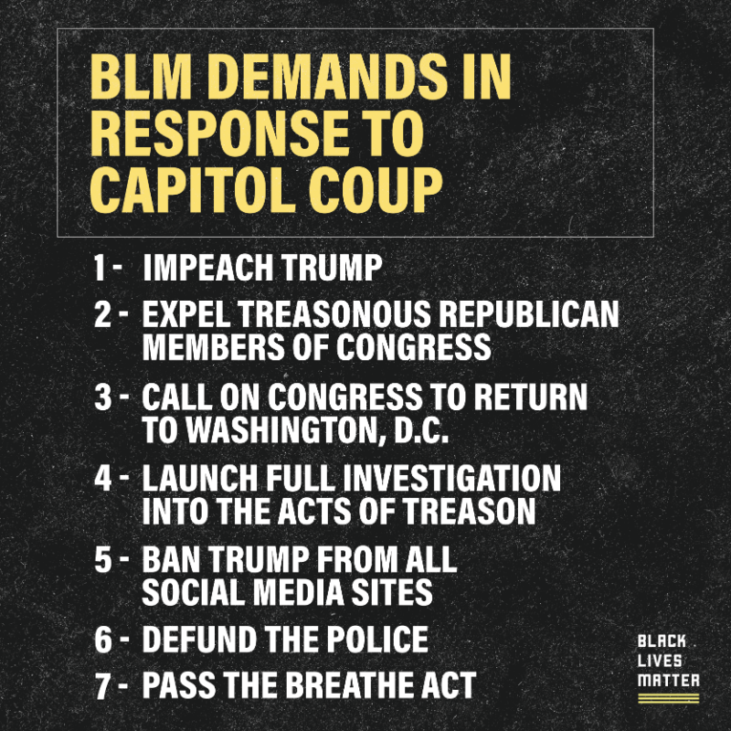 Blklivesmatter's tweet photo. Read our demands in response to Wednesday's insurrection at the Capitol.

#DefundThePolice https://t.co/mPWvbhZjrK