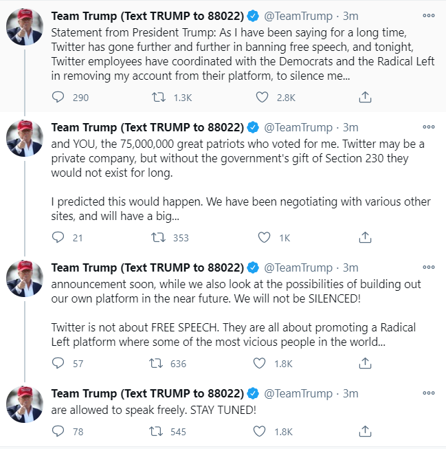 tv9gujarati's tweet photo. After the suspension of US President Donald Trump's personal Twitter account and the tweets from his official account 'POTUS' were taken down. 

Team Trump tweets, "...We will not be SILENCED! Twitter is not about FREE SPEECH...."
#DonaldTrump #TV9News https://t.co/VfVny53okf