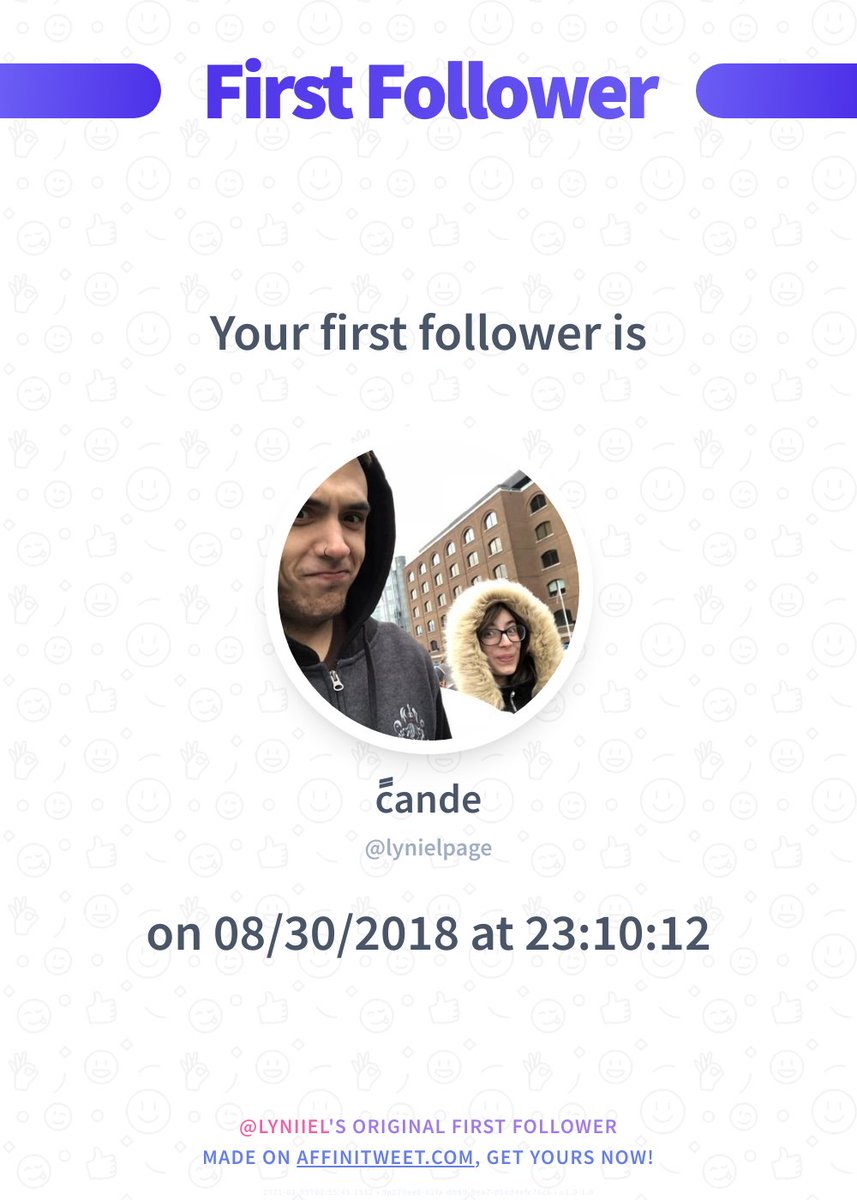 stanlyniel's tweet photo. ✨ First Follower

I just discovered my first follower on Twitter, it's lynielpage and they followed me on 08/30/2018 at 23:10:12!
Who's your first follower?

➡️ https://t.co/i9HcBvSRsA https://t.co/zRkHBRF8FL