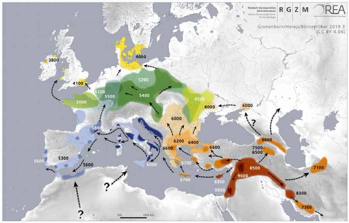 Map: Expansion of farming in western Eurasia, 9600 - 4000 cal BC <a href="/DGronenborn/">Detlef Gronenborn | @dgron.bsky.social</a> <a href="/BarbaraHorejs/">Barbara Horejs</a> @RGZM_Freunde <a href="/orea_news/">OREA</a> academia.edu/9424525/Map_Ex…