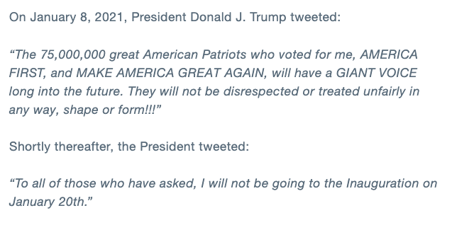 Twitter technically banned Trump for 2 tweets he made on Jan 8 that it says in context broke rules against glorifying violenceDeeper answer is a big mix of: fear for peaceful transition, employee pressure + incoming Biden administration with an appetite for regulating tech
