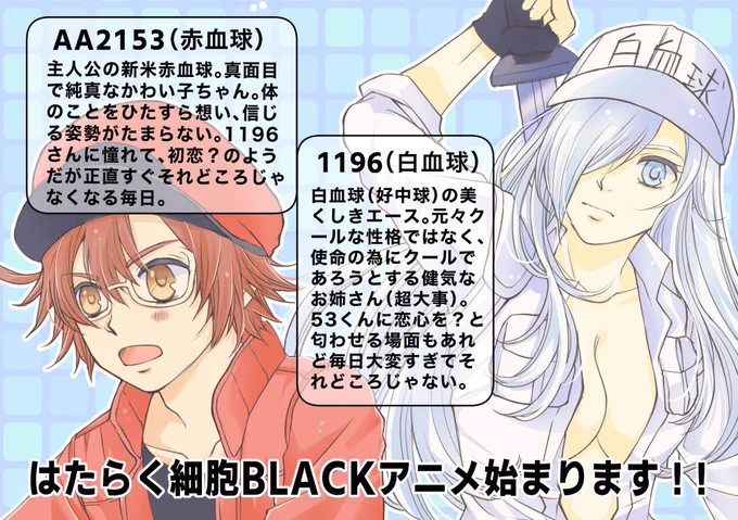 はたらく細胞BLACKのアニメがついに始まります!ちょっとだけ突っ込んだメインキャラ紹介を作ってみました。
どんなに過酷な環境でも「この体だって生きたいはずだ」と信じて頑張る細胞たちの健気な姿を本家はたらく細胞と共に是非ご覧ください!

#はたらく細胞BLACK 