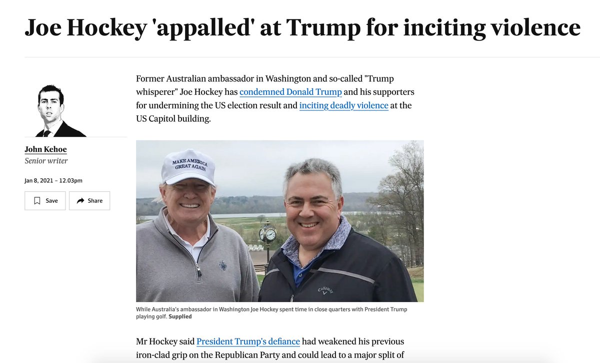 Which brings us to the theatrics of political journalism in this country.Are we to believe the AFR journo in question here sat down on Friday afternoon and wondered to himself:Gee, I wonder if Joe Hockey has had an epiphany about Donald Trump today? What's Joe Hockey think?