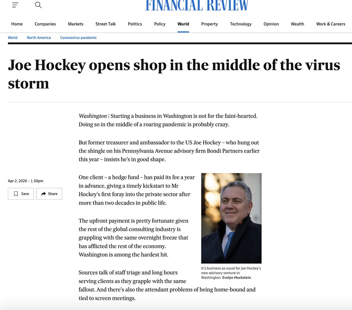 Or did Joe Hockey, in a moment of clever image control, decide he needed to distance himself from the madness & perhaps rehabilitate his image now he's running a private US consultancy, so he called a journo at the AFR who spent 5 years in Washington when Hockey was there too?