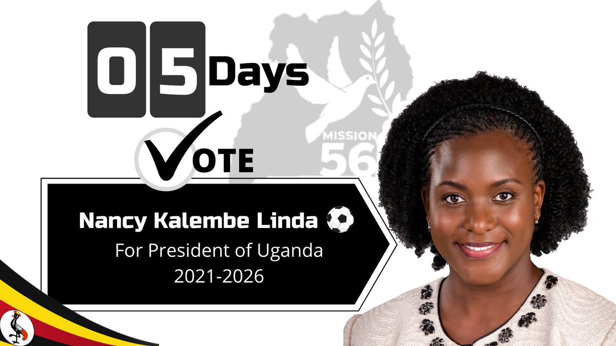 NancyKalembe's tweet photo. 5 days to go!
Fellow Ugandans, let's make it count.
Vote: #NancyKalembeForPresident⚽ ✅
#Mission56
#UgandaVotes2021
#UGDecides2021 https://t.co/1X3HxERVe1