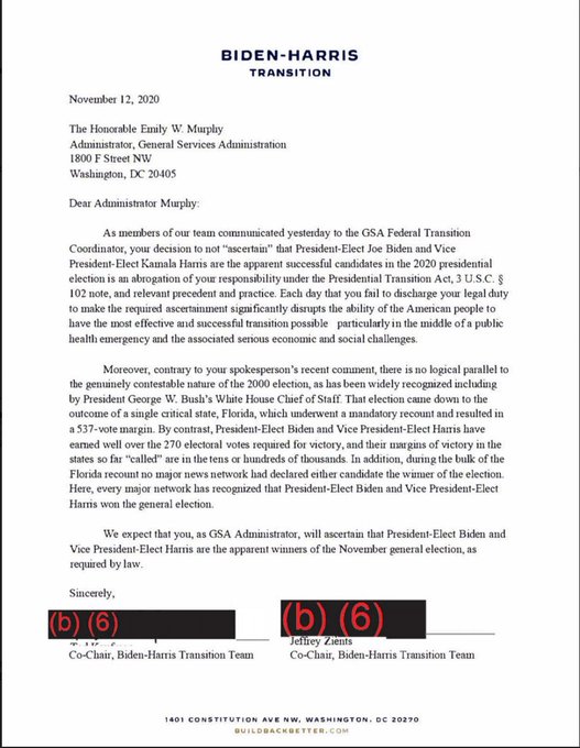 NEW from  @a_cormier_ & me: Our first BIG  #FOIA release of 2021. 700 pages of emails from GSA abt the behind the scenes drama after administrator Emily Murphy refused to ascertain the election for Biden/Harris. Here's what's missing: Murphy's emails  https://www.buzzfeednews.com/article/jasonleopold/trump-biden-transition-delayed-gsa