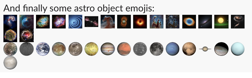 KellyLepo's tweet photo. My contribution to this year's #HackAAS was making a bunch of custom emoji for the #AAS237 slack. You're welcome. Also, this was a lot of fun.
All of the files can be found here, if you want to add them to your own slack: https://t.co/WZYLd8k0Eu https://t.co/ajwKva5u8p