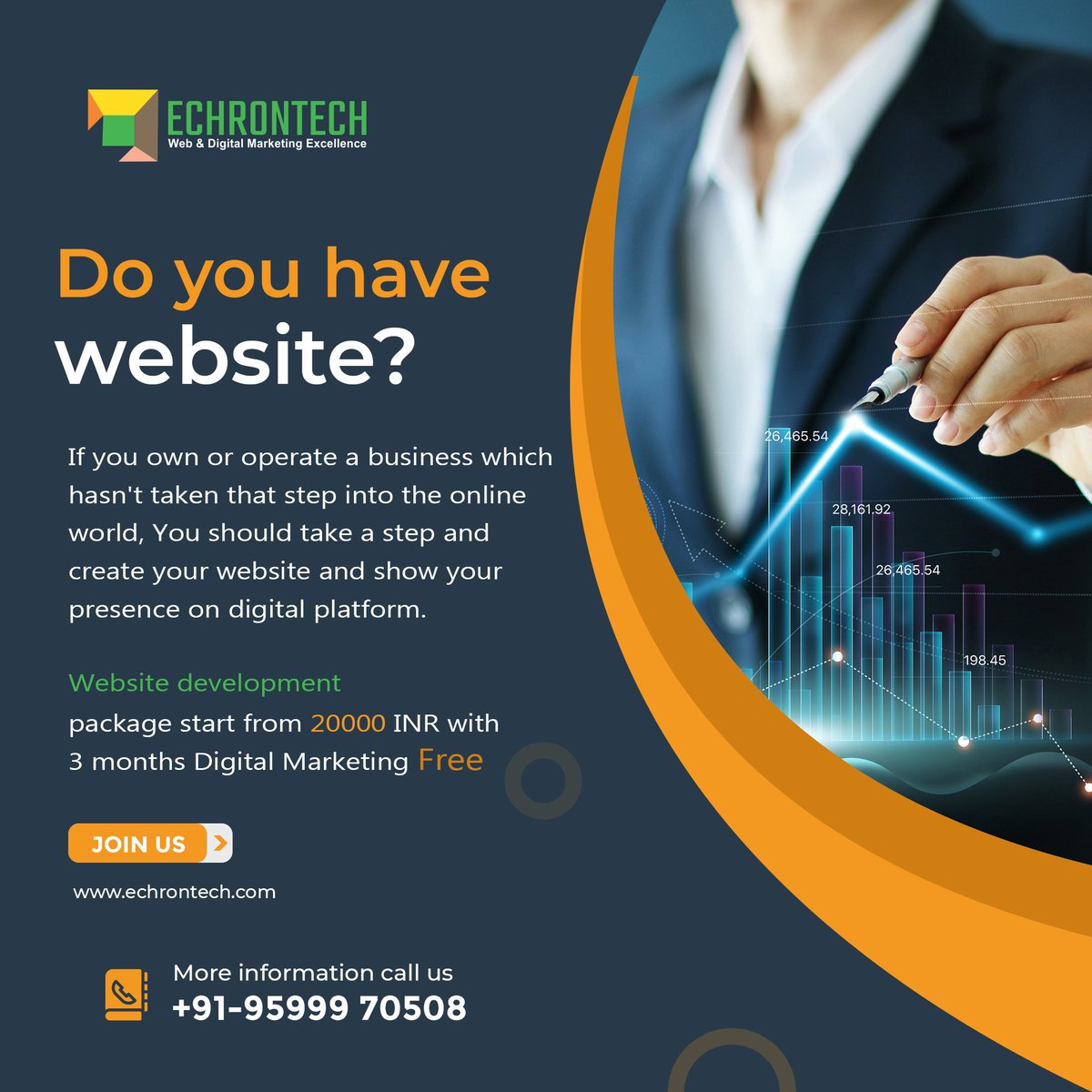 echrontech's tweet photo. If you own or operate a business which hasn't taken that step into the online world, You should take a step and create your website and show your presence on digital platform. Website development package start from 20000 INR with 3 month Digital Marketing Free. https://t.co/RdeZAIXSSi