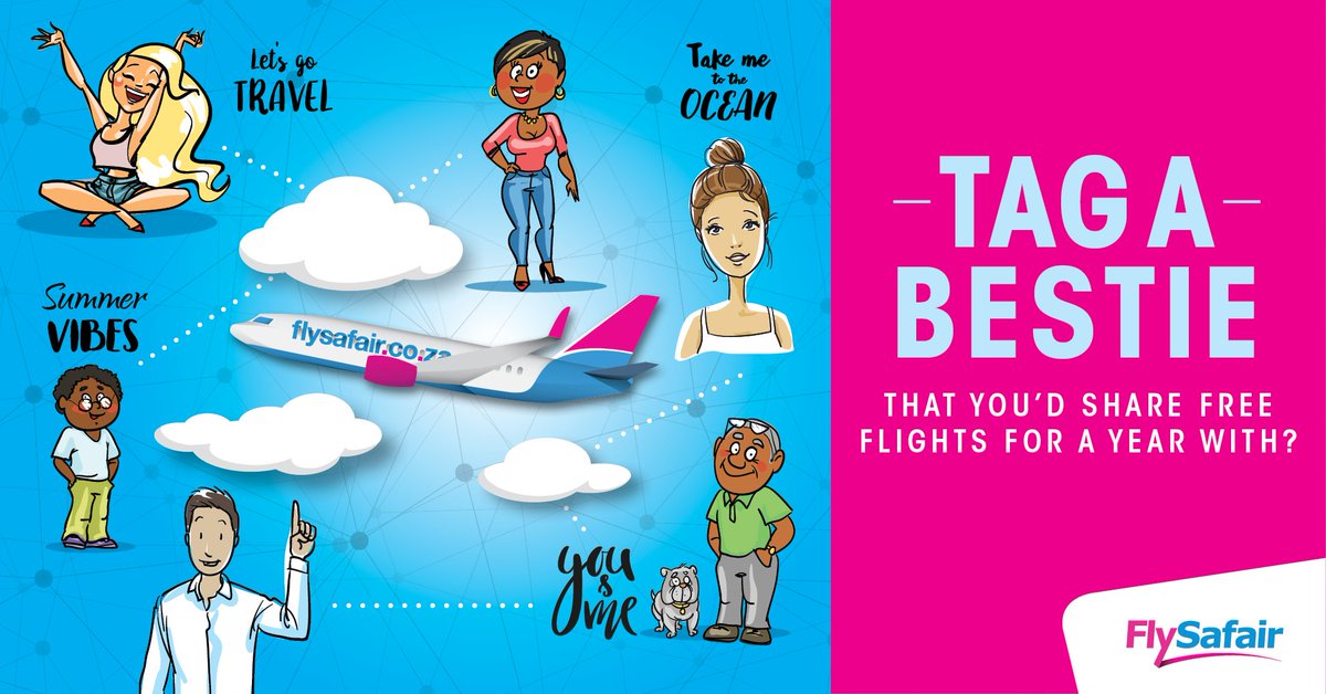 FlySafair's tweet photo. Enter our competition &amp; you could WIN the prize that lets you go wherever, whenever with a travel buddy in tow. That’s right, unlimited flights, unlimited fun! Enter at https://t.co/HnWbyxFaxH but before you do, tag the person you’d love to bring along with you.  T's&amp;C's apply. https://t.co/kMiCfEPGel