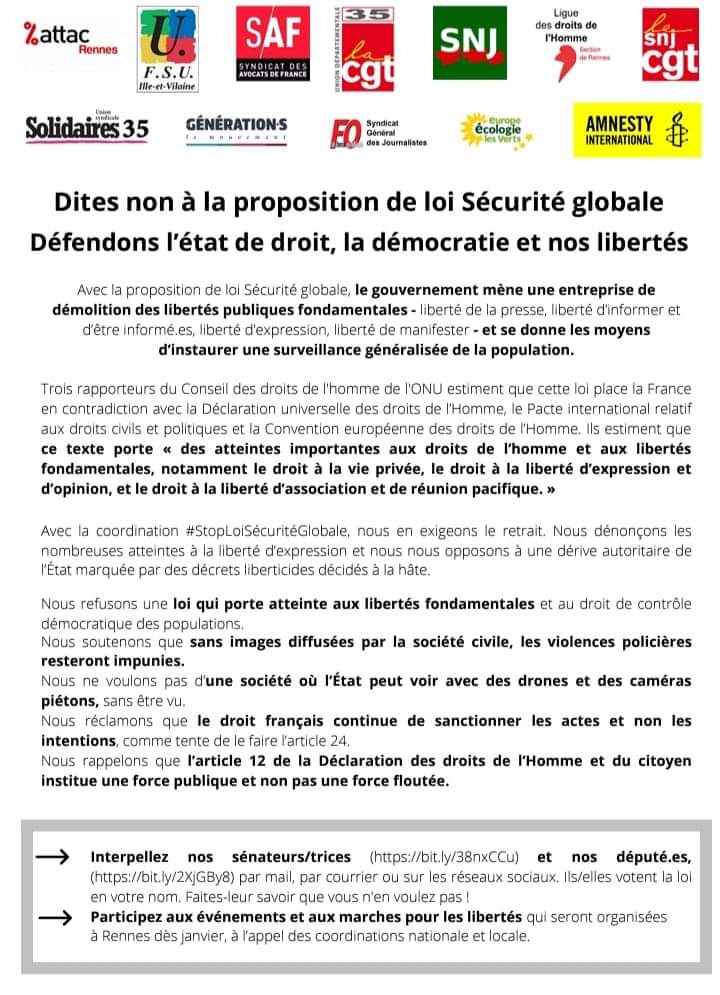 GNRT_Rennes's tweet photo. Mobilisés contre la loi #SécuritéGlobale.
Au #Blosne et aux #Lices ce matin, au #MarchéSteThérèse mercredi, des représentants de la coordination locale présents pour échanger avec vous sur ce texte portant atteinte à nos libertés fondamentales.
#Rennes https://t.co/aQwK5w1fCG