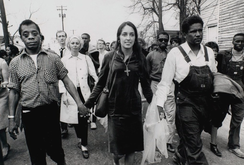 James Baldwin and Joan Baez during the Selma to Montgomery march, 1965