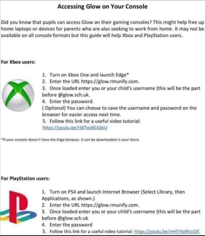 Pupils can access GLOW on Xbox and Playstation consoles.
<a href="/EastAyrshire/">East Ayrshire</a>