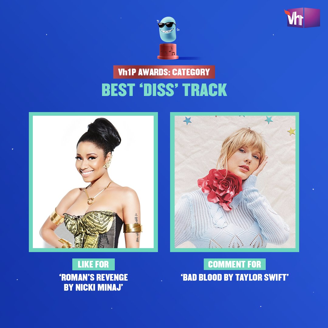 vh1india's tweet photo. Talk about throwin’ shade! 😈
Celebrate 16 years of Vh1 with #Vh1PAwards, like or comment now to make your favorite win.  

#Vh1India #GetWithIt #NickiMinaj #TaylorSwift @NICKIMINAJ @taylorswift13 https://t.co/kwcCM09LxA