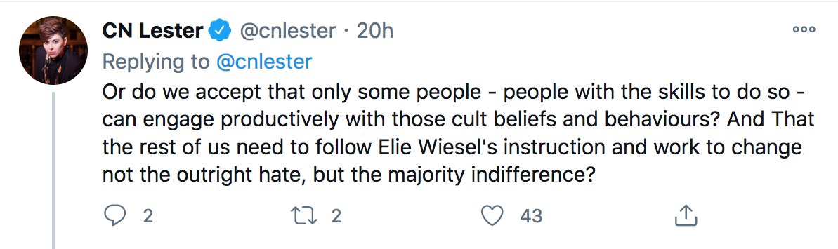 differ from your own, and for us to sit down and see if we can find any way to come to an accommodation with each other.But yeah, no, definitely see if you can employ some cult deprogrammers to do the job!Some of us might think that the fact you are simply unable to entertain