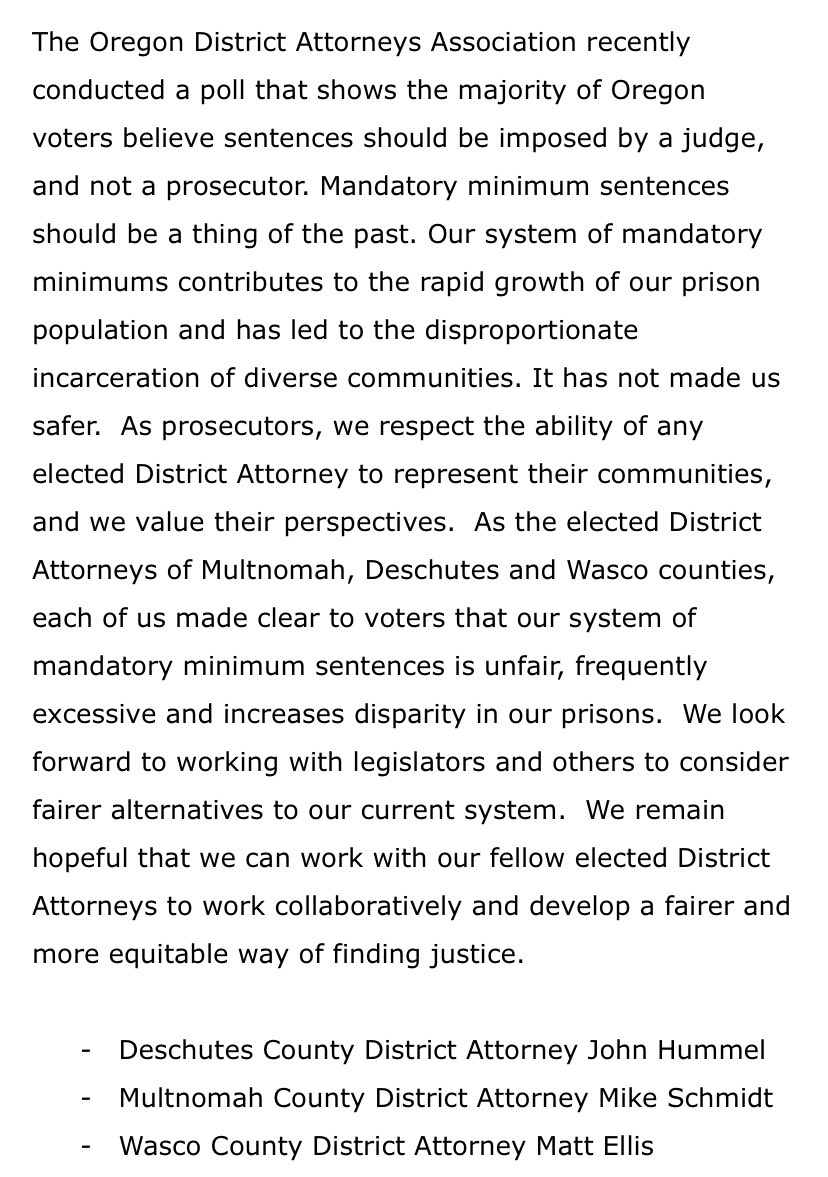 noellecrombie's tweet photo. DAs in Multnomah, Wasco and Deschutes counties break with the DAs association &amp; issue their own statement on mandatory minimum sentences tonight, calling them ‘a thing of the past.’ https://t.co/7oxTr4J9e4
