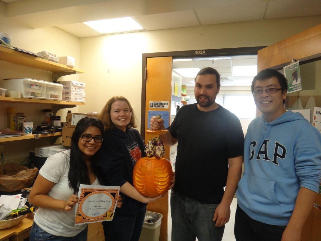 This was my first Halloween in <a href="/McLellan_Lab/">Jason McLellan</a> in 2014. As a small new team, we won a pumpkin carving competition and got free pizzas! We have been focusing on infectious diseases from the beginning. Look at the chest and infected lungs (eggplants). Enjoy Science, and enjoy life.