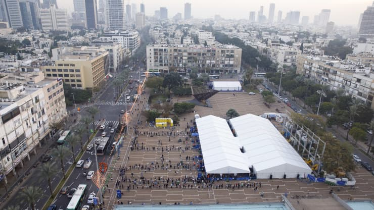 Picture of Israeli COVID vaccination center. From https://www.cnbc.com/2021/01/07/israels-covid-vaccine-rollout-is-the-fastest-in-the-world.html