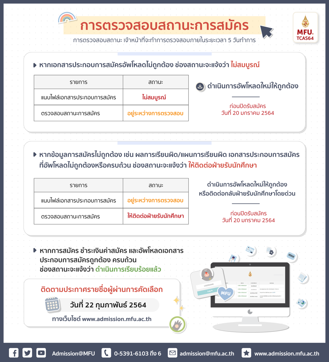 admissionMFU1's tweet photo. #CheckStatus #Applicant #Dek64
ตรวจสอบสถานะการสมัคร รอบที่ 1 #Portfolio #แม่ฟ้าหลวง
เข้าสู่ระบบตรวจสอบสถานะการสมัคร: https://t.co/6mExK8JuHJ
หากดำเนินการแล้วไม่ถูกต้องและครบถ้วน กรุณาดำเนินการแก้ไขให้ถูกต้องและครบถ้วนภายในวันที่ 20 ม.ค. 2564
#TCAS64 #MFU #มฟล https://t.co/78Qo1pTMHd