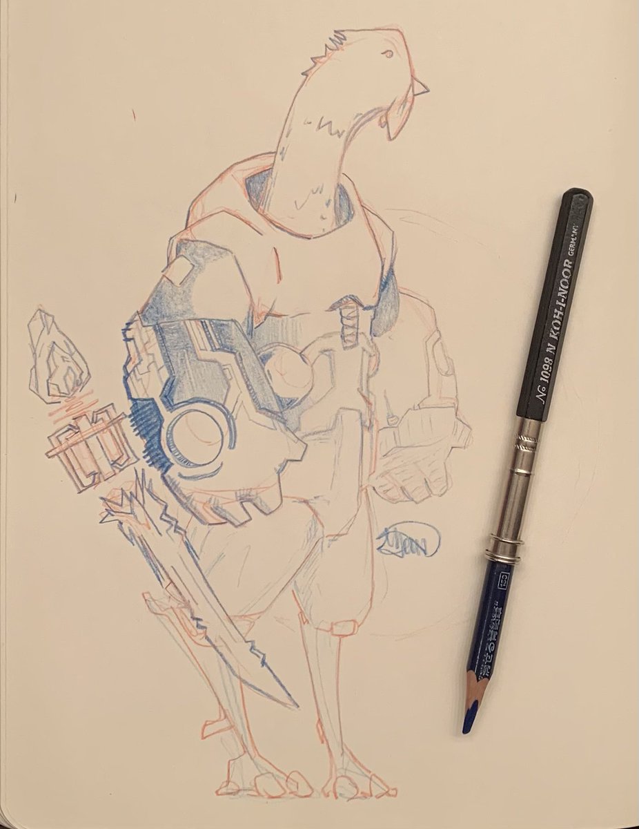 inkutah's tweet photo. Who doesn’t love a good “chicken in a robot suite” sketch?  I know I do.  That said, I should have stopped sooner.  I feel like this got over worked.   #bedtimesketch #pencilsketch Colored pencil, #moleskine sketchbook https://t.co/cv2x2rSh6l