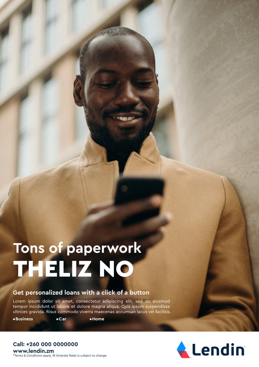 MasDesignMD's tweet image. 'Theliz no' is a phrase that has become popular on social media platforms in Zambia. It means 'there is no...' or 'there is not...'
This was used to play around with words to create an ad campaign for Lendin, a financial service company.