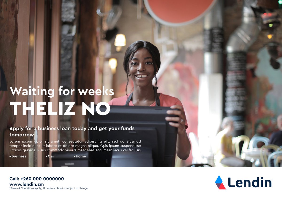 MasDesignMD's tweet image. 'Theliz no' is a phrase that has become popular on social media platforms in Zambia. It means 'there is no...' or 'there is not...'
This was used to play around with words to create an ad campaign for Lendin, a financial service company.