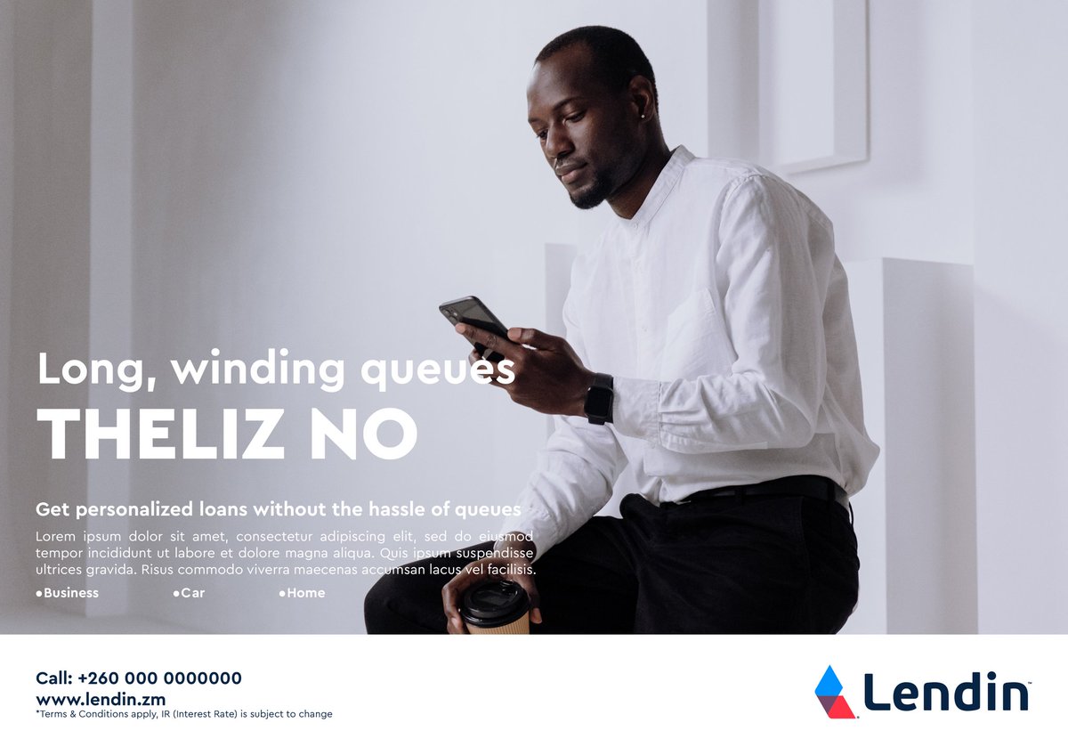 MasDesignMD's tweet image. 'Theliz no' is a phrase that has become popular on social media platforms in Zambia. It means 'there is no...' or 'there is not...'
This was used to play around with words to create an ad campaign for Lendin, a financial service company.