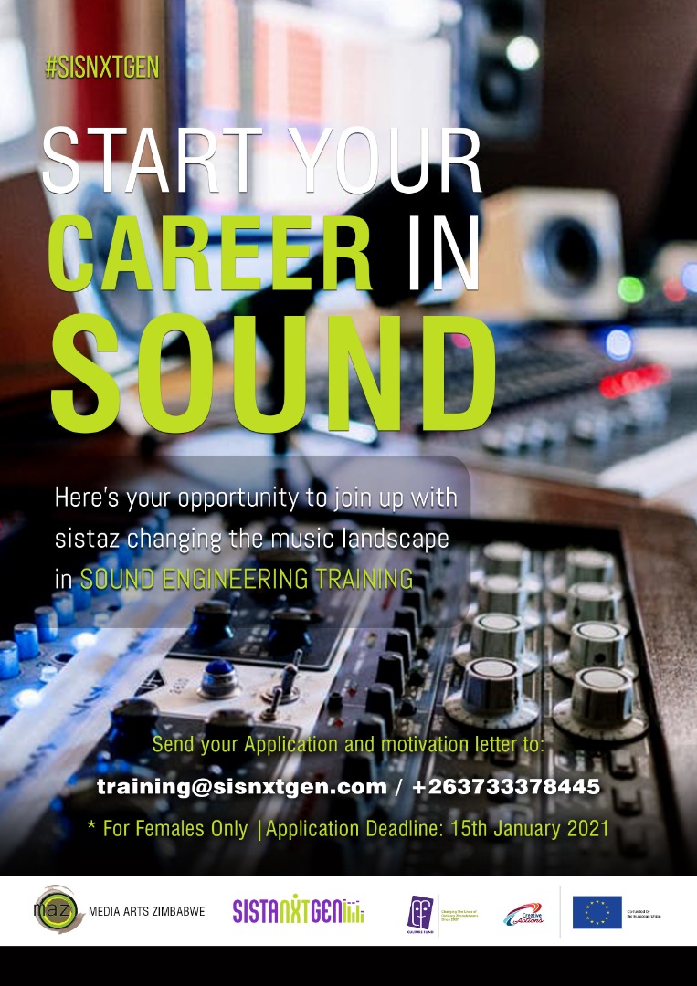 Open Call to young women thriving towards a career in Sound Engineering through a women empowerment program. Send your application and motivation letter to the contact details on the poster.
Proudly supported by @culturefundzim and the @euinzim 
#sisnxtgen #girlsmakebeats