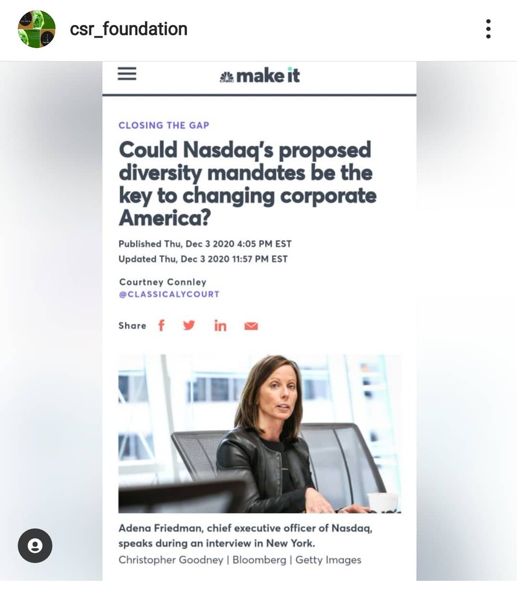 csr_foundation's tweet photo. #NASDAQ will require all listed companies to have 2 diverse board members. CEO Adena Friedman "We are taking the lead here because there has been so little action on this front &amp; we think it's an important thing for us to do." 75% of the 3,200 listed corps don't meet the criteria https://t.co/PLEA9vG9nF