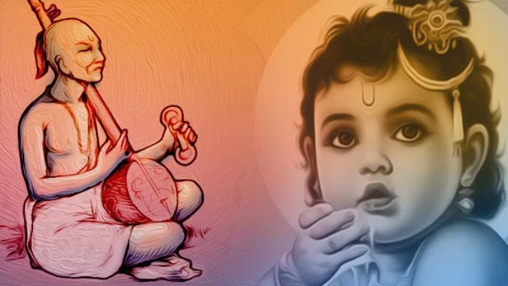 உடனே சூர்தாசர்"நீங்கள் போற்றிப்பாடிய கண்ணன் எப்படி இருப்பார்"என்று கேட்டார்.அதற்கு அவர்"அய்யா!கண்ணன் சிறு குழந்தை.கருநீல நிறம் உடையவன்.அவனின் புன்னகை முகத்தைப் பார்த்தால் பரவசம் அடையும் நம் மனது,அவன் வசம் போய்விடும். கையில் புல்லாங்குழல் வைத்து,இசையால் இந்த உலகத்தை இயங்க செய்பவன்