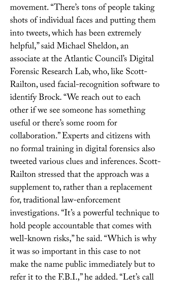 Crowd-sourced efforts to identify people who breached the Capitol, by experts including  @jsrailton (who referred Brock’s name to the FBI) and  @Michael1Sheldon, as well as people without formal training, are ongoing.