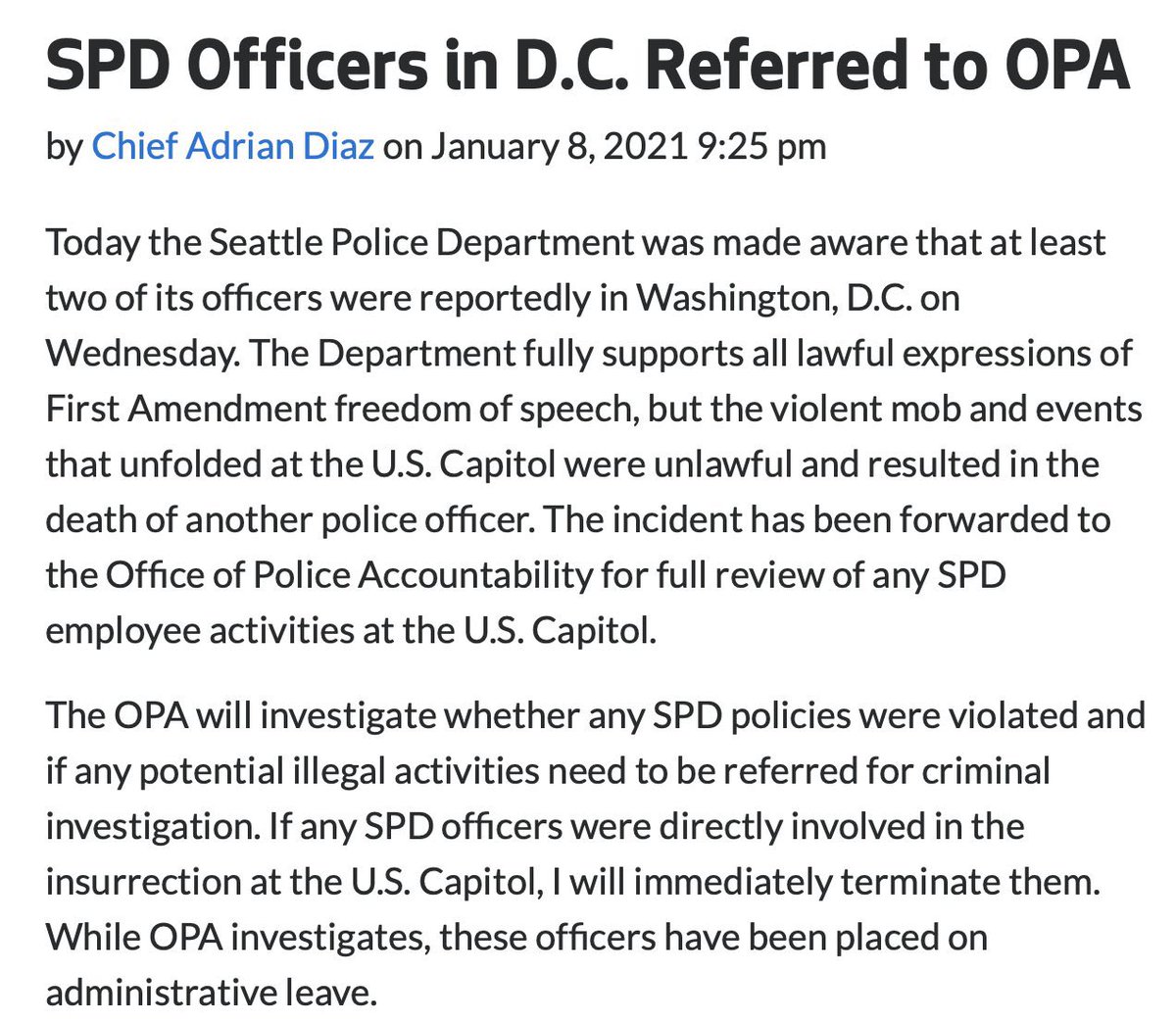 spekulation's tweet photo. The Seattle Police Department has admitted multiple SPD officers were in DC on Wednesday during the insurrection. This happened just hours after the head of their union falsely blamed BLM for the violence at the Capitol Building. This department is rotten to the core. https://t.co/0XE39o6hja