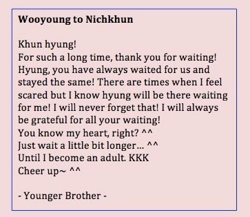 Next, Nichkhun read the letter Wooyoung wrote to him, where he thanked him for waiting for them and confesed he was scared of him Translation by  @jlml718  #NICHKHUN  #닉쿤  #ニックン  #นิชคุณ  #尼坤