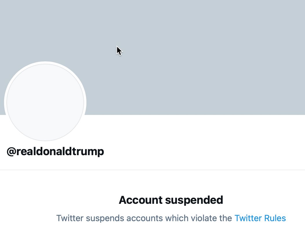 Just moments ago, the whole account of  @realdonaldtrump is gone, so now the bio info is deleted too (1/..)