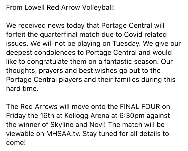 The Lowell Ledger (@lowellledger) on Twitter photo The <a href="/LowellVolleyba1/">Lowell_Volleyball</a> team is moving on to the state semifinals.
Here is the statement via <a href="/Lowellredarrows/">Lowell Red Arrows</a> on Facebook. The <a href="/LowellVolleyba1/">Lowell_Volleyball</a> team is moving on to the state semifinals.
Here is the statement via <a href="/Lowellredarrows/">Lowell Red Arrows</a> on Facebook.