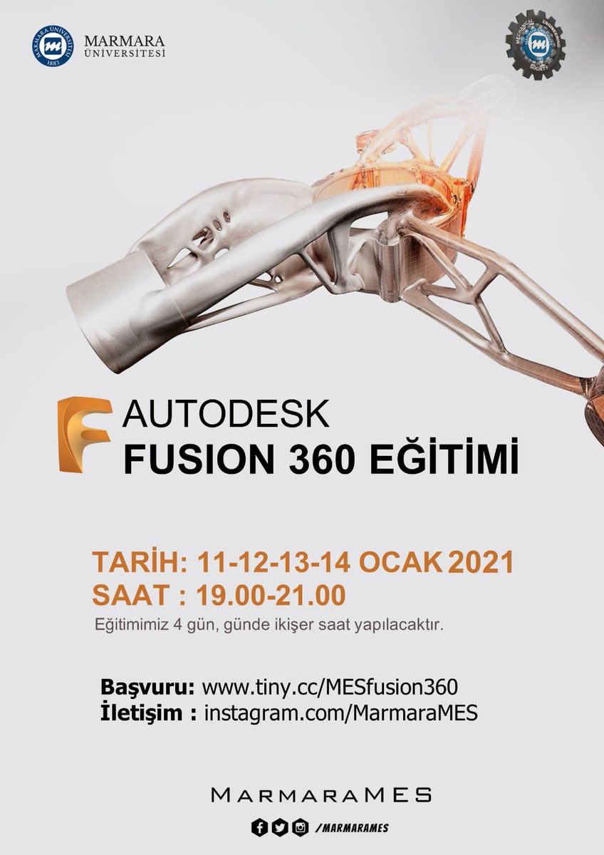 Herkese Merhaba, Marmara MES olarak 11-12-13-14 Ocak tarihlerinde saat 19.00-21.00 arasında Autodesk işbirliği ile düzenlediğimiz Autodesk Fusion 360 egitimimize hepiniz davetlisiniz. Eğitim zoom üzerinden olacaktır. Başvuru için 👉🏼 tiny.cc/MESfusion360